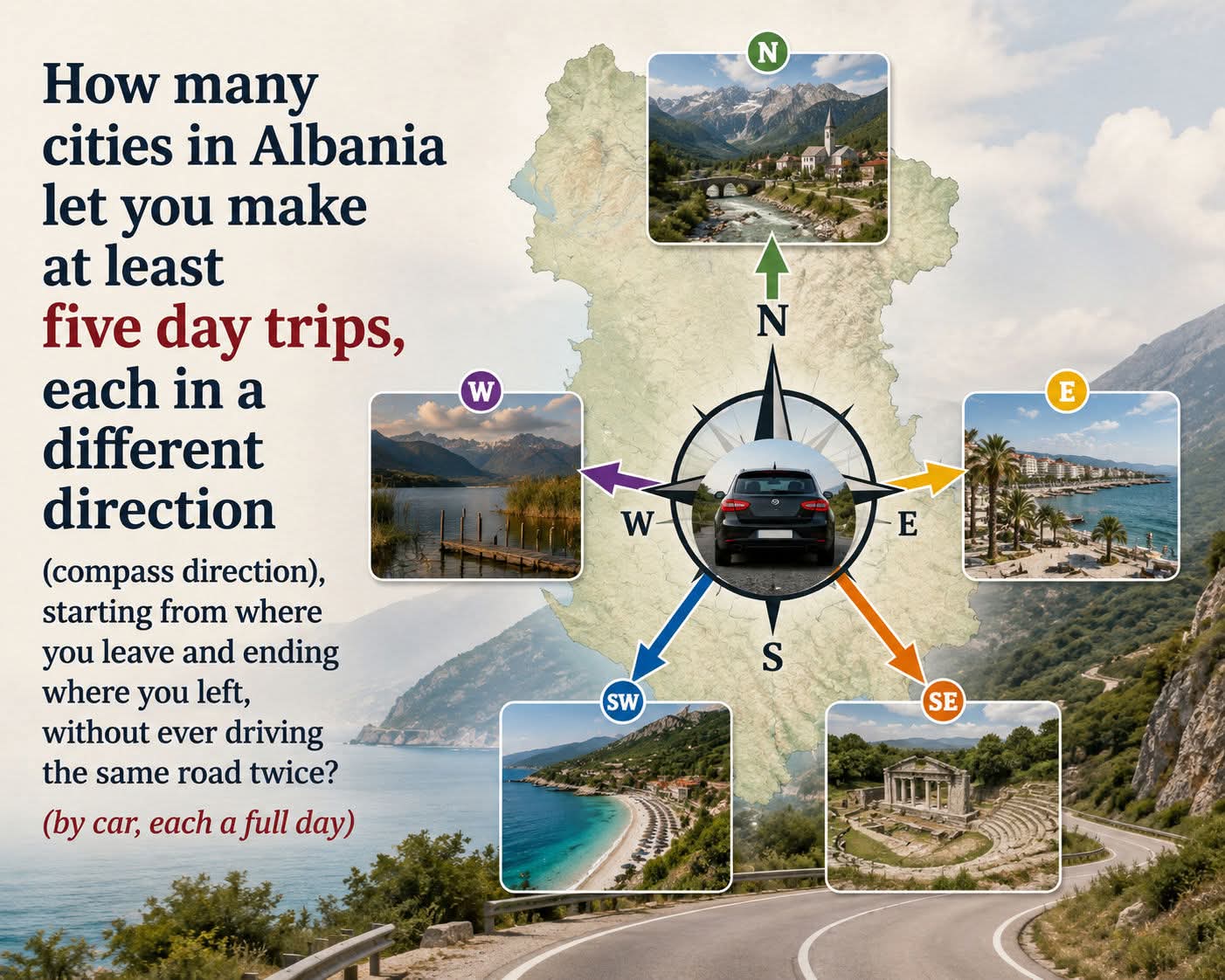 Five day trips in different compass directions from Elbasan, Albania